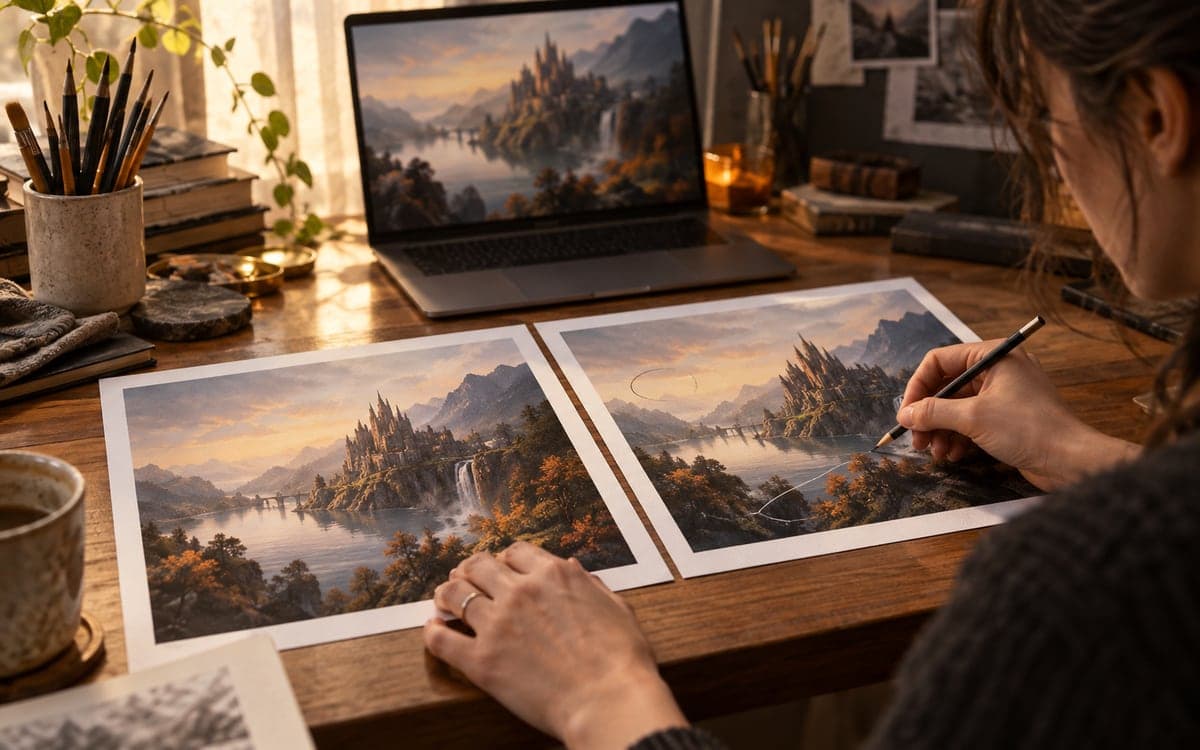 Editorial illustration of a graphics workstation for comparing model variants